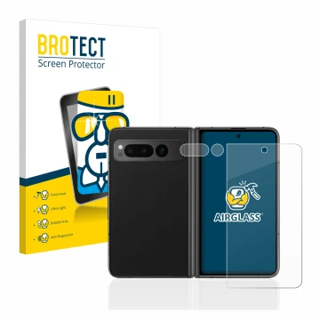 Face avant d’un emballage produit avec le logo de la marque BROTECT. À côté, l’appareil Google Pixel Fold (Avant+Caméra) est r