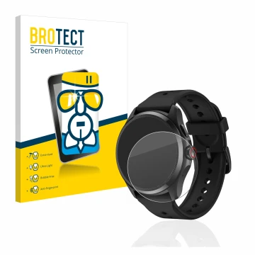 Face avant d’un emballage produit avec le logo de la marque BROTECT. À côté, l’appareil Mobvoi TicWatch Pro 5 est représenté a