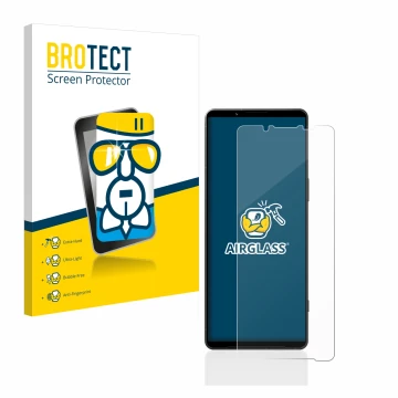 Face avant d’un emballage produit avec le logo de la marque BROTECT. À côté, l’appareil Sony Xperia 1 V est représenté avec la