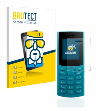 Face avant d’un emballage produit avec le logo de la marque BROTECT. À côté, l’appareil Nokia 105 4G (2023) est représenté ave
