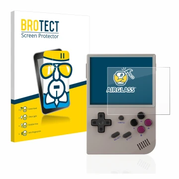Face avant d’un emballage produit avec le logo de la marque BROTECT. À côté, l’appareil Anbernic RG35XX est représenté avec la