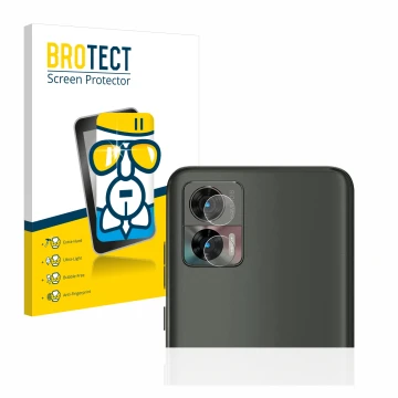 Face avant d’un emballage produit avec le logo de la marque BROTECT. À côté, l’appareil Motorola Edge 30 Neo (Caméra UNIQUEMEN