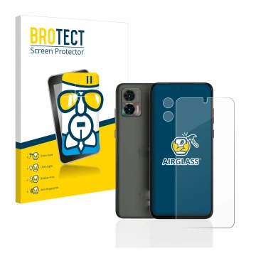 Face avant d’un emballage produit avec le logo de la marque BROTECT. À côté, l’appareil Motorola Edge 30 Neo (Avant+Caméra) es