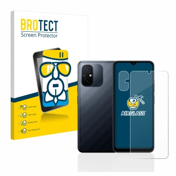 Face avant d’un emballage produit avec le logo de la marque BROTECT. À côté, l’appareil Xiaomi Redmi 12C (Avant+Caméra) est re