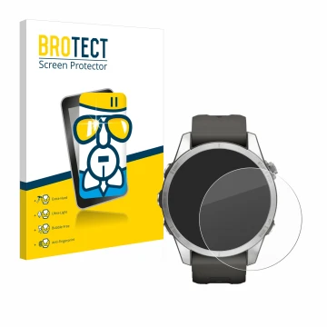 Face avant d’un emballage produit avec le logo de la marque BROTECT. À côté, l’appareil Garmin Fenix 7S Pro Solar (42 mm) est 