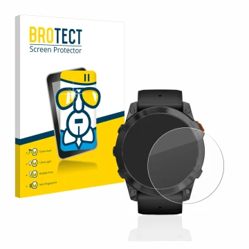 Face avant d’un emballage produit avec le logo de la marque BROTECT. À côté, l’appareil Garmin Fenix 7X Pro Solar (51 mm) est 