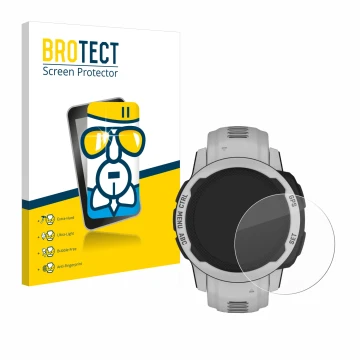 Face avant d’un emballage produit avec le logo de la marque BROTECT. À côté, l’appareil Garmin Instinct 2S Solar (40 mm) est r