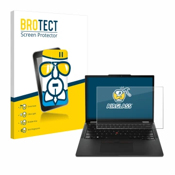 Face avant d’un emballage produit avec le logo de la marque BROTECT. À côté, l’appareil Lenovo ThinkPad X13 Gen 4 est représen