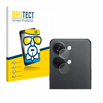 Face avant d’un emballage produit avec le logo de la marque BROTECT. À côté, l’appareil OnePlus Nord 3 5G (Caméra UNIQUEMENT) 