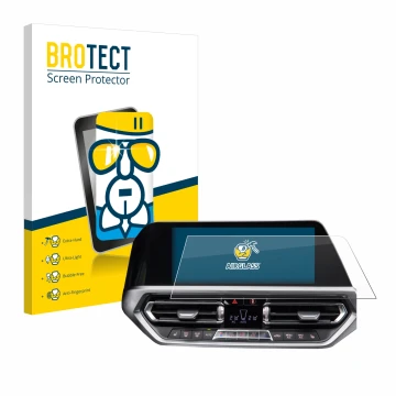 Face avant d’un emballage produit avec le logo de la marque BROTECT. À côté, l’appareil BMW 3 G20 2020 est représenté avec la 