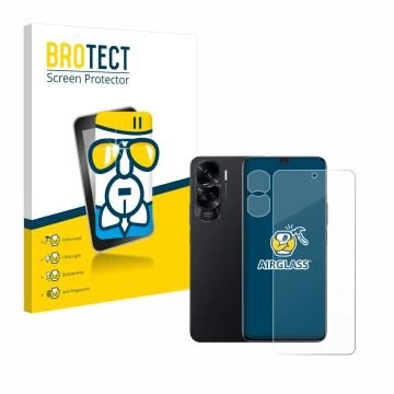 Face avant d’un emballage produit avec le logo de la marque BROTECT. À côté, l’appareil Honor 90 Lite (Avant+Caméra) est repré