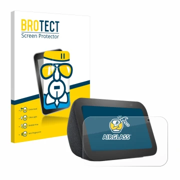 Face avant d’un emballage produit avec le logo de la marque BROTECT. À côté, l’appareil Amazon Echo Show 5 (3ème Gen.) est rep