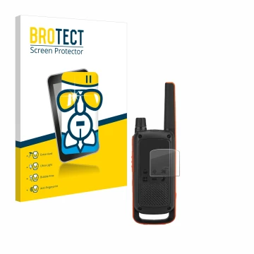 Face avant d’un emballage produit avec le logo de la marque BROTECT. À côté, l’appareil Motorola Talkabout T82 est représenté 