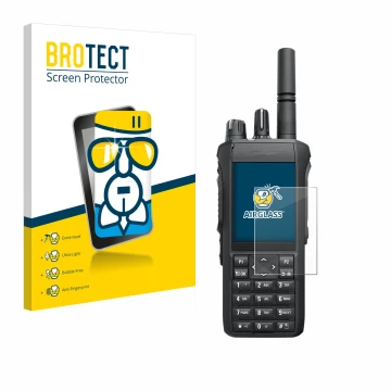 Face avant d’un emballage produit avec le logo de la marque BROTECT. À côté, l’appareil Motorola Mototrbo R7 est représenté av