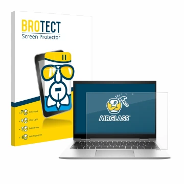 Face avant d’un emballage produit avec le logo de la marque BROTECT. À côté, l’appareil HP EliteBook x360 830 G10 est représen