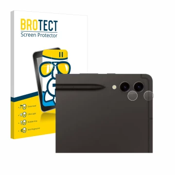 Face avant d’un emballage produit avec le logo de la marque BROTECT. À côté, l’appareil Samsung Galaxy Tab S9 Plus WiFi (Camér