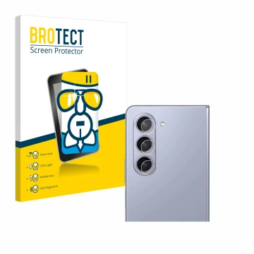 Face avant d’un emballage produit avec le logo de la marque BROTECT. À côté, l’appareil Samsung Galaxy Z Fold 5 (Caméra UNIQUE