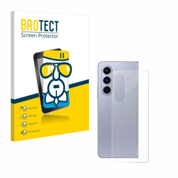 Face avant d’un emballage produit avec le logo de la marque BROTECT. À côté, l’appareil Samsung Galaxy Z Fold 5 (Arrière) est 