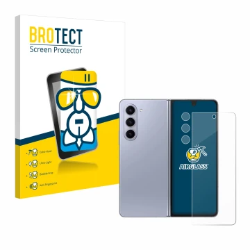 Face avant d’un emballage produit avec le logo de la marque BROTECT. À côté, l’appareil Samsung Galaxy Z Fold 5 (Avant+Caméra)