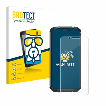 Face avant d’un emballage produit avec le logo de la marque BROTECT. À côté, l’appareil Oukitel WP18 est représenté avec la pr