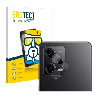 Face avant d’un emballage produit avec le logo de la marque BROTECT. À côté, l’appareil Xiaomi Redmi Note 12 Pro 5G (Caméra UN