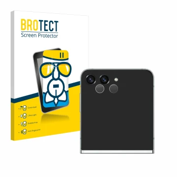 Face avant d’un emballage produit avec le logo de la marque BROTECT. À côté, l’appareil Samsung Galaxy Z Flip 5 (Caméra UNIQUE