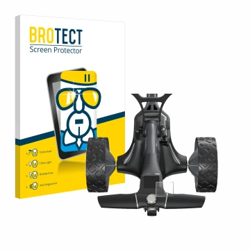 Face avant d’un emballage produit avec le logo de la marque BROTECT. À côté, l’appareil Motocaddy M7 GPS Electric Trolley est 