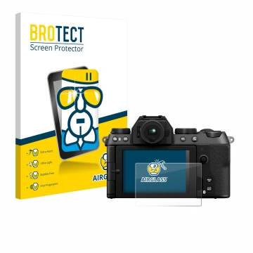 Face avant d’un emballage produit avec le logo de la marque BROTECT. À côté, l’appareil Fujifilm X-S20 est représenté avec la 