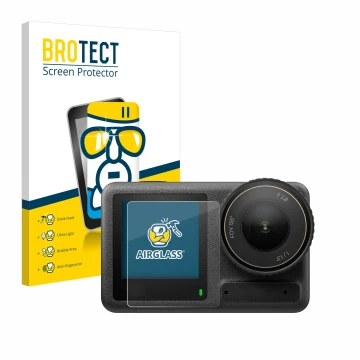 Face avant d’un emballage produit avec le logo de la marque BROTECT. À côté, l’appareil DJI Osmo Action 4 (Affichage avant) es