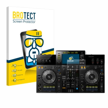 Face avant d’un emballage produit avec le logo de la marque BROTECT. À côté, l’appareil Pioneer XDJ -RR est représenté avec la