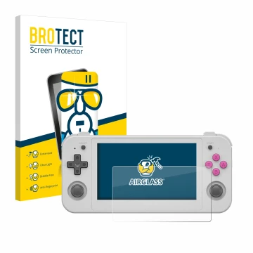 Face avant d’un emballage produit avec le logo de la marque BROTECT. À côté, l’appareil Anbernic RG505 est représenté avec la 