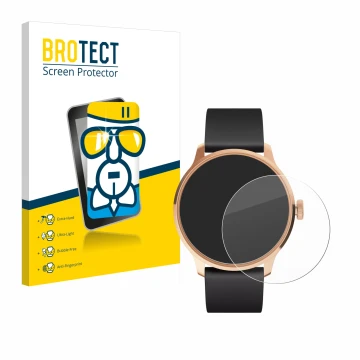 Face avant d’un emballage produit avec le logo de la marque BROTECT. À côté, l’appareil Withings ScanWatch Light est représent