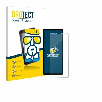 Face avant d’un emballage produit avec le logo de la marque BROTECT. À côté, l’appareil Sony Xperia 5 V est représenté avec la