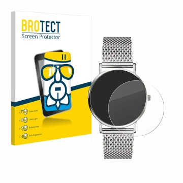 Face avant d’un emballage produit avec le logo de la marque BROTECT. À côté, l’appareil Liebeskind New Case Mesh (34 mm) est r