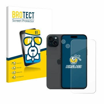 Face avant d’un emballage produit avec le logo de la marque BROTECT. À côté, l’appareil Apple iPhone 15 Plus (Avant+Caméra) es