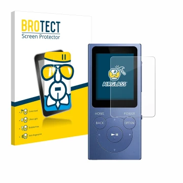 Face avant d’un emballage produit avec le logo de la marque BROTECT. À côté, l’appareil Sony Walkman NW-E394 est représenté av