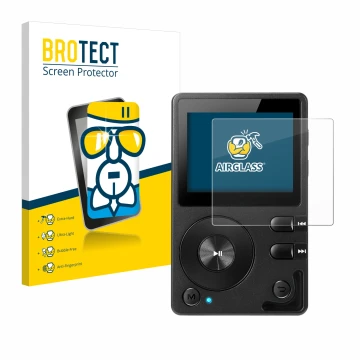 Face avant d’un emballage produit avec le logo de la marque BROTECT. À côté, l’appareil Hifi Walker H2 est représenté avec la 