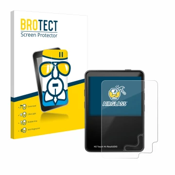 Face avant d’un emballage produit avec le logo de la marque BROTECT. À côté, l’appareil HifiWalker H2 touch est représenté ave