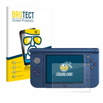 Face avant d’un emballage produit avec le logo de la marque BROTECT. À côté, l’appareil Nintendo New 3DS XL (Affichage inférie