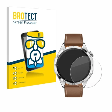 Face avant d’un emballage produit avec le logo de la marque BROTECT. À côté, l’appareil Huawei Watch GT 4 (46mm) est représent