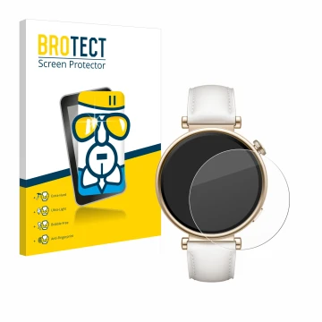 Face avant d’un emballage produit avec le logo de la marque BROTECT. À côté, l’appareil Huawei Watch GT 4 (41mm) est représent