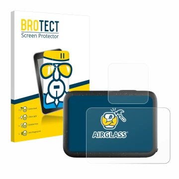 Face avant d’un emballage produit avec le logo de la marque BROTECT. À côté, l’appareil GoPro Hero 12 Black est représenté ave