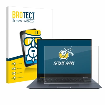 Face avant d’un emballage produit avec le logo de la marque BROTECT. À côté, l’appareil ASUS Vivobook S 14 Flip TP3402 est rep