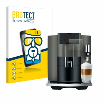 Face avant d’un emballage produit avec le logo de la marque BROTECT. À côté, l’appareil Jura E8 (EC) est représenté avec la pr