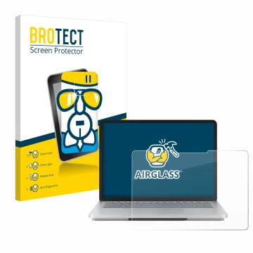 Face avant d’un emballage produit avec le logo de la marque BROTECT. À côté, l’appareil Microsoft Surface Laptop Studio 2 est 