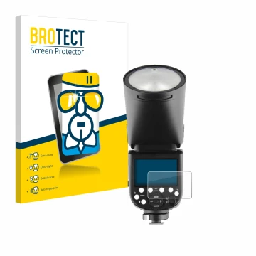 Face avant d’un emballage produit avec le logo de la marque BROTECT. À côté, l’appareil Godox V1 est représenté avec la protec