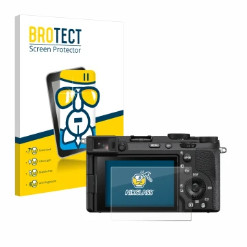 Face avant d’un emballage produit avec le logo de la marque BROTECT. À côté, l’appareil Sony Alpha 7CR est représenté avec la 