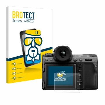 Face avant d’un emballage produit avec le logo de la marque BROTECT. À côté, l’appareil Fujifilm GFX100 II est représenté avec