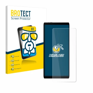 Face avant d’un emballage produit avec le logo de la marque BROTECT. À côté, l’appareil Samsung Galaxy Tab S9 FE est représent