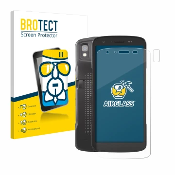 Face avant d’un emballage produit avec le logo de la marque BROTECT. À côté, l’appareil Zebra TC27 (Avant+Caméra) est représen